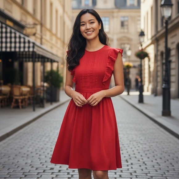 Banana Republic Petite Red Fit & Flare Dress Ruffle Sleeves Career Party - Picture 1 of 7